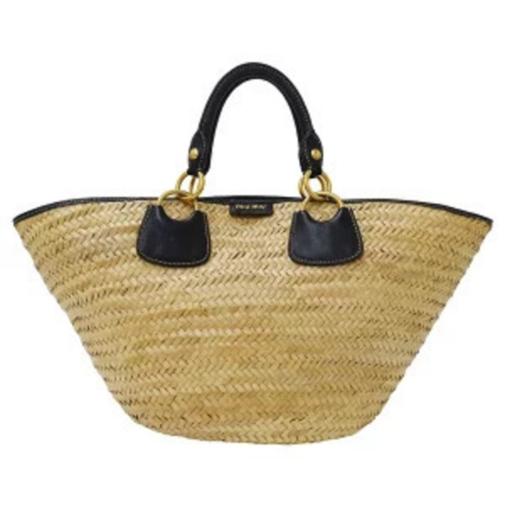 Miu Miu Tote Bag Straw Tan Black Basket